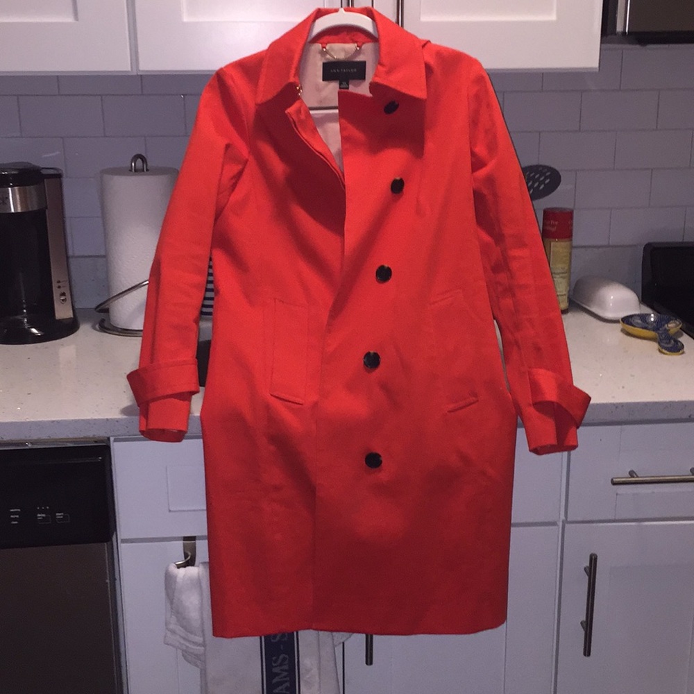 Ann Taylor Red Knee Length Trench Coat